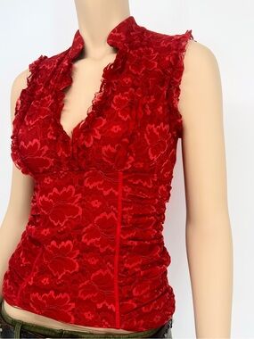 Vintage Y2K XOXO Red Lace Sleeveless ruched corset V-Neck Top